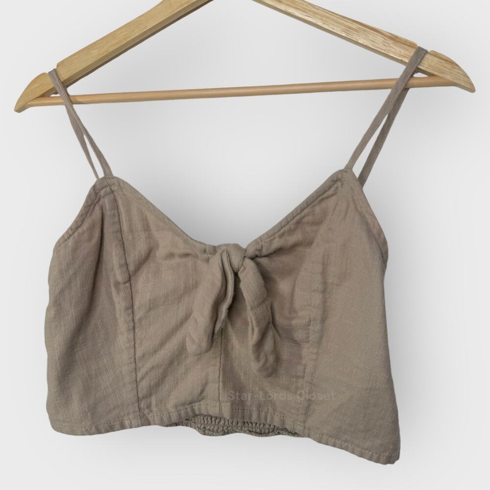 Aerie Bow Tie Crop Top I Small Tan Smocked  V Neck Summer Cami 100% Cotton Boho